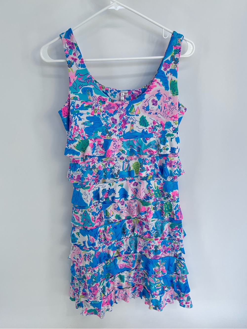 Lulu-B Sleeveless Tropical Sailboat Tiered Ruffle Dress - XS
